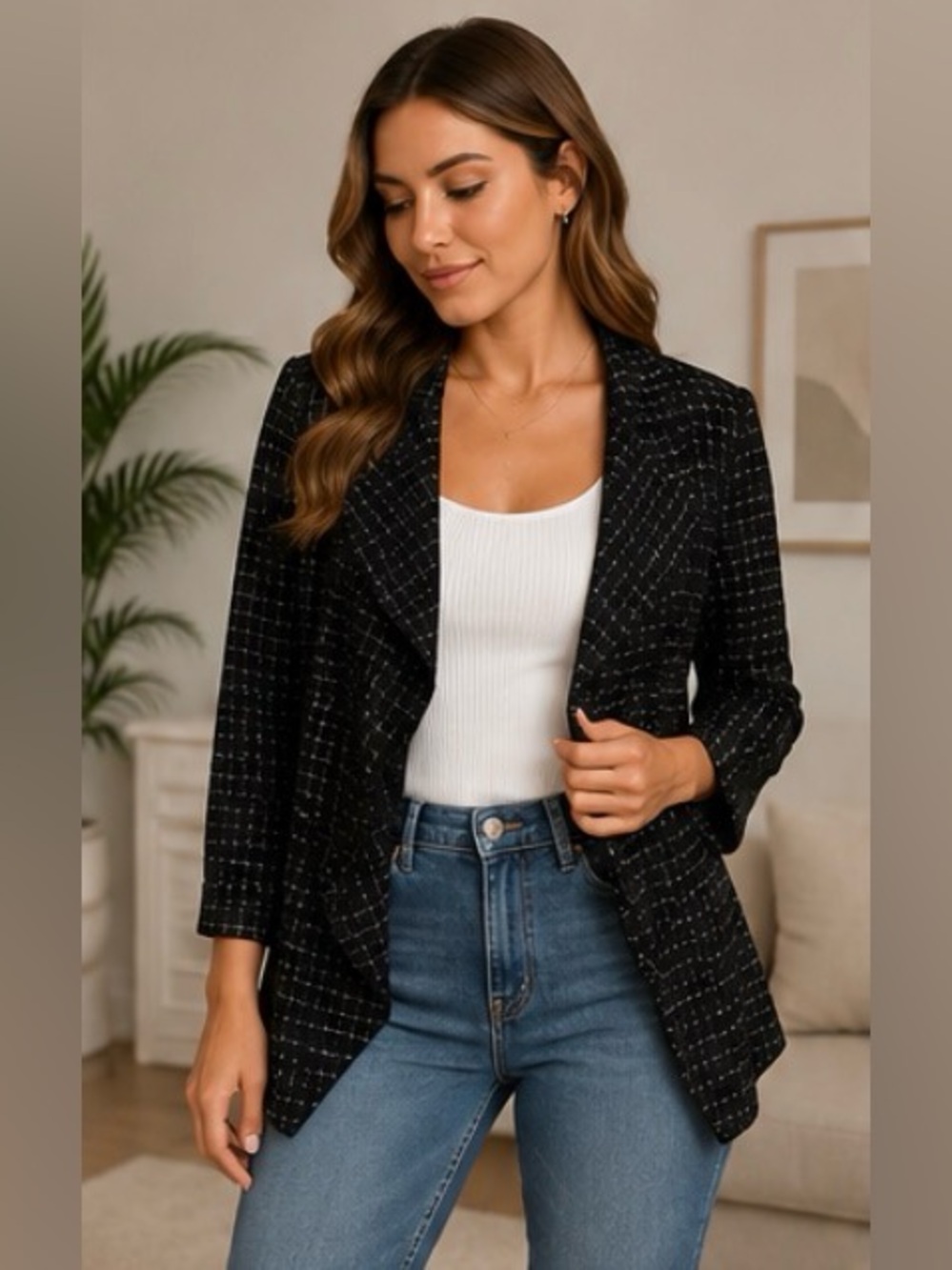 Calvin Klein Black Tweed Open-Front Blazer/jacket